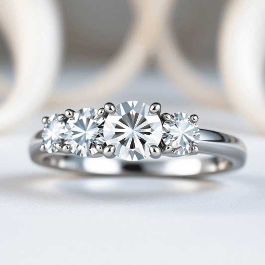 Close-up of a modern three-stone engagement ring with sparkling diamonds in prong, bezel, and trellis settings on a sleek metal band against a soft, reflective 