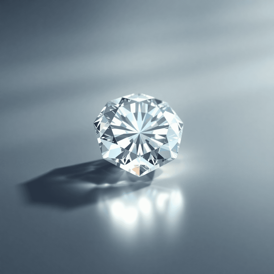 A sparkling lab-grown diamond on a reflective surface with glowing light and abstract geometric shapes symbolizing quality and precision.