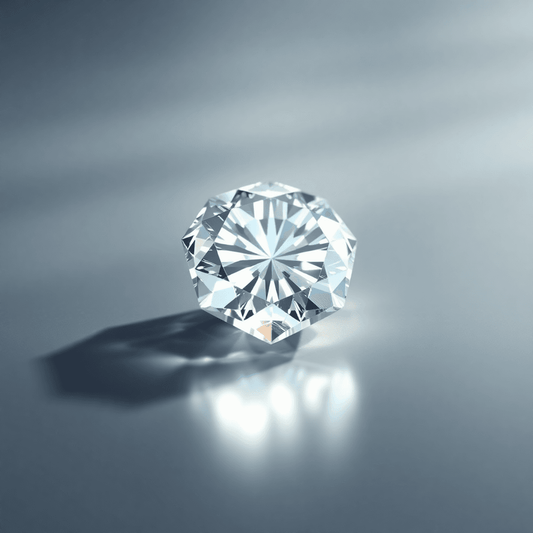 A sparkling lab-grown diamond on a reflective surface with glowing light and abstract geometric shapes symbolizing quality and precision.