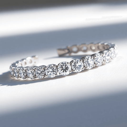 Close-up of a sparkling tennis bracelet with clear lab-grown diamonds on flexible metal links, resting on a smooth surface under soft natural light.