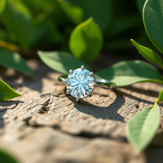 Close-up of a sparkling diamond ring on wood, surrounded by green leaves and soft sunlight, blending luxury jewelry with eco-friendly elements.