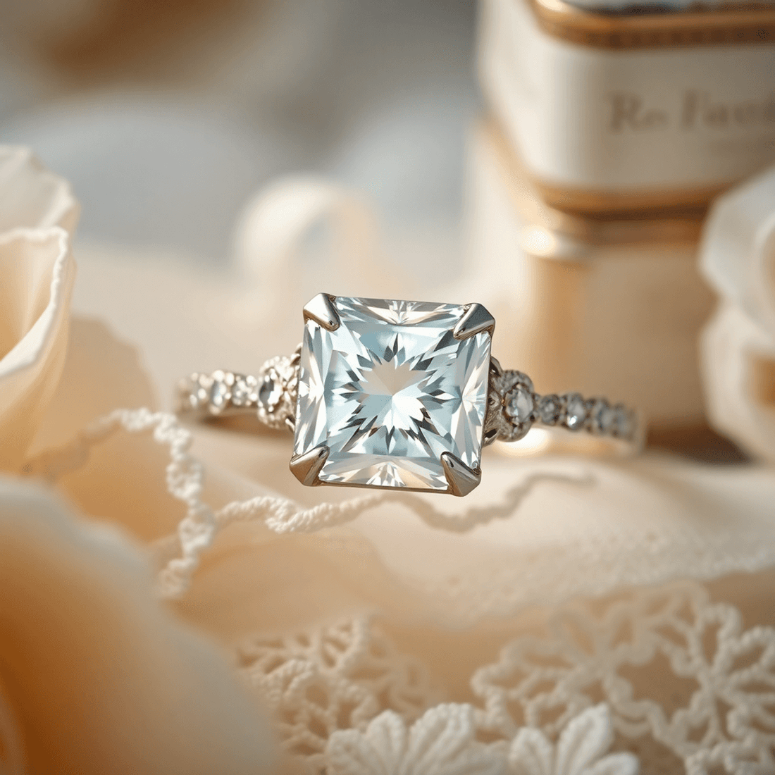 Close-up of a sparkling cushion cut diamond engagement ring with soft romantic lighting and vintage-inspired lace and jewelry boxes in the background.