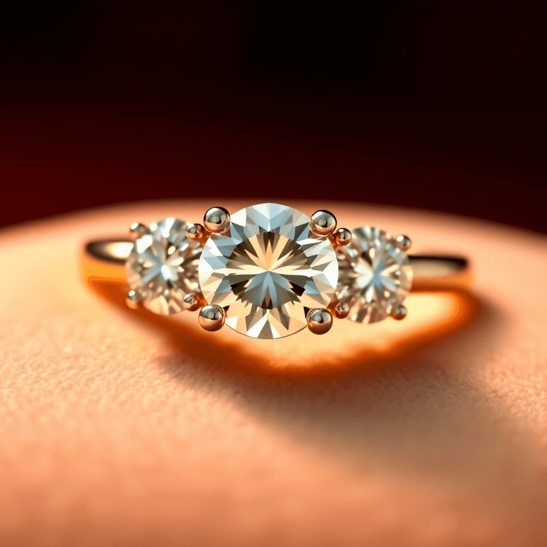 Close-up of a sparkling three-stone diamond ring with a large central diamond on a gold band, resting on soft velvet under warm glowing light.
