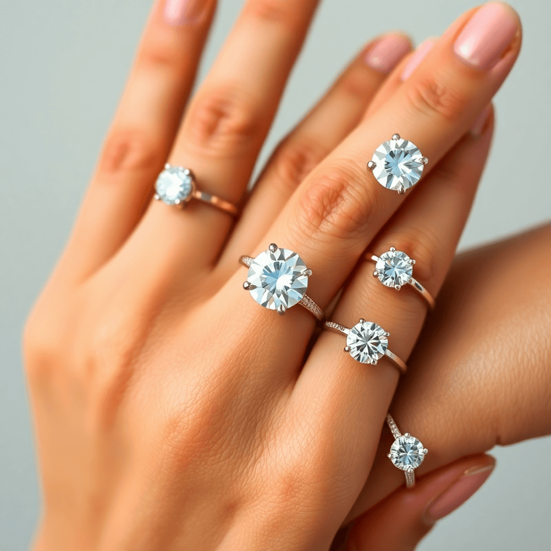 Close-up of solitaire diamond rings with lab-grown diamonds on diverse hands, showcasing sparkle and brilliance against a soft, neutral background.