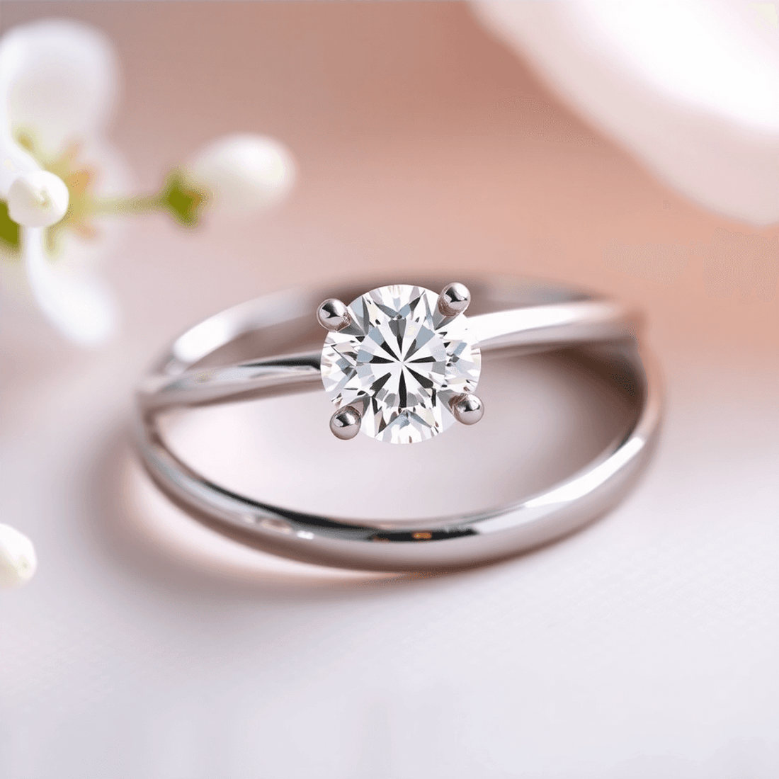 Close-up of a sparkling lab-grown diamond ring on an elegant band, resting on a soft background with delicate flowers and greenery, symbolizing love and commitm