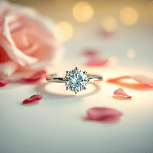 Close-up of a sparkling solitaire diamond ring on a smooth surface with rose petals and soft light flares, highlighting love and celebration.