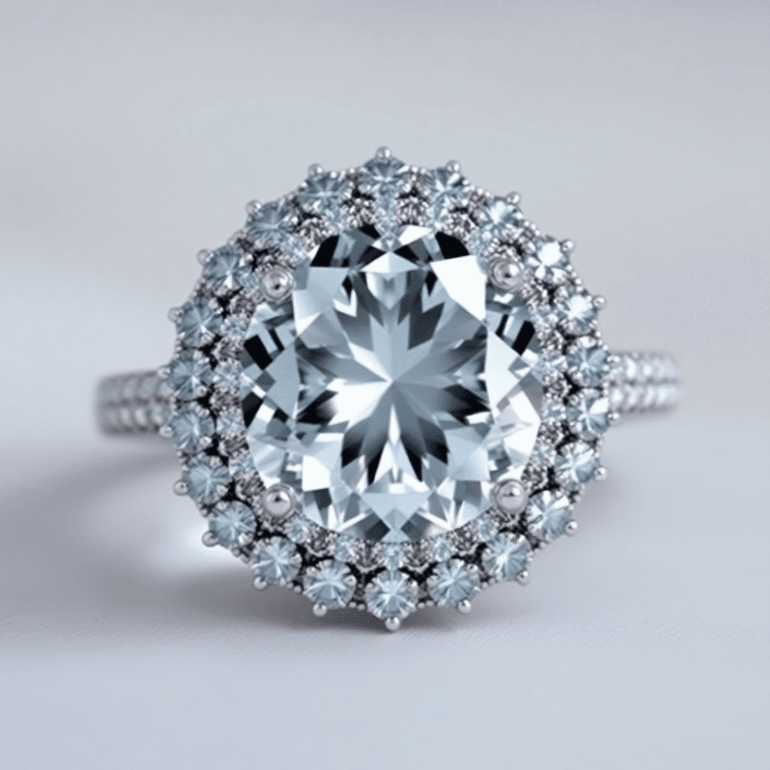 Close-up of a sparkling halo ring with a large central gemstone surrounded by smaller diamonds, set against a soft background with subtle light reflections.