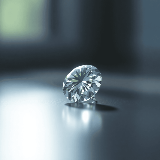Close-up of a sparkling diamond on a reflective surface with soft, blurred lights and subtle shadows, creating a sense of value and contemplation.