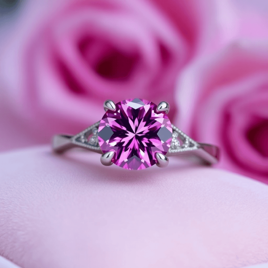 Close-up of a sparkling pink diamond engagement ring in white gold on a velvet cushion with a soft romantic background.