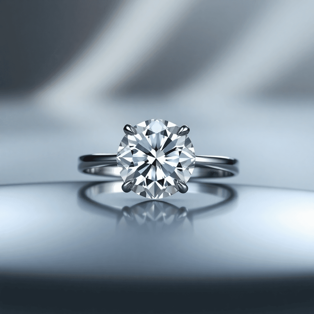 Close-up of a sparkling lab-grown diamond ring on a reflective surface with soft lighting, highlighting its brilliance against a minimalist background.