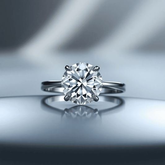Close-up of a sparkling lab-grown diamond ring on a reflective surface with soft lighting, highlighting its brilliance against a minimalist background.