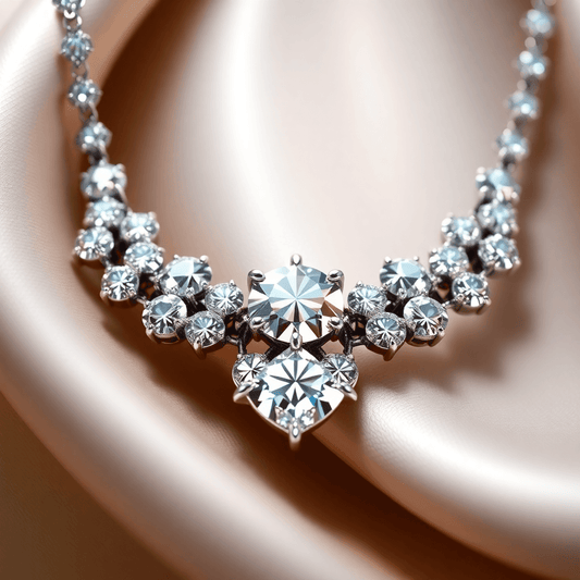 Close-up of a sparkling diamond necklace with intricate details, highlighted by soft light reflections on an elegant background.