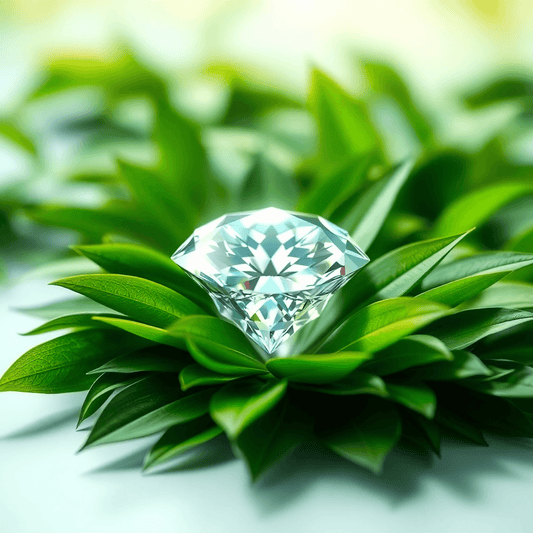A sparkling lab-grown diamond resting on green leaves with soft natural light, highlighting its brilliance against a clean, eco-friendly background.