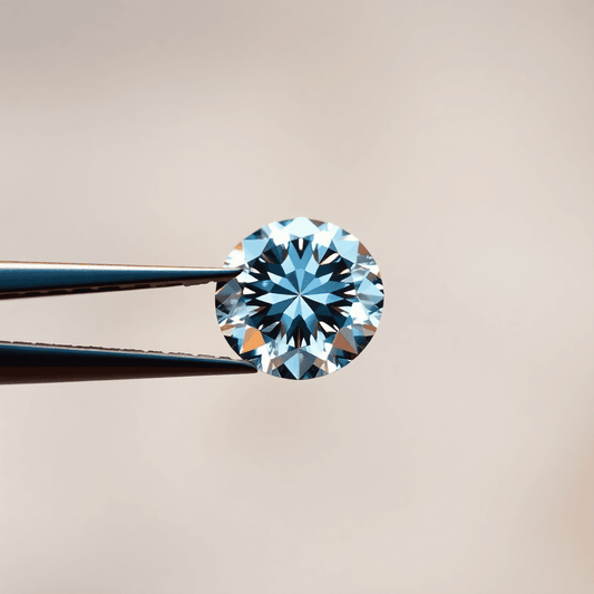 Close-up of a sparkling diamond held by tweezers against a soft, warm blurred background, highlighting its clarity and brilliance.
