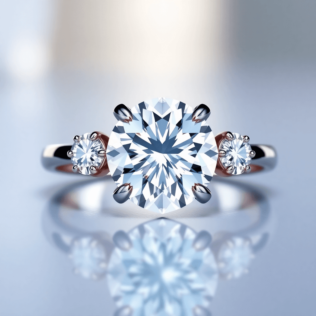 Close-up of a sparkling engagement ring with a large central diamond and smaller side stones, set against a soft, elegant background with light reflections.