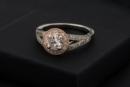 Close-up of a diamond engagement ring on a jeweler’s bench New York