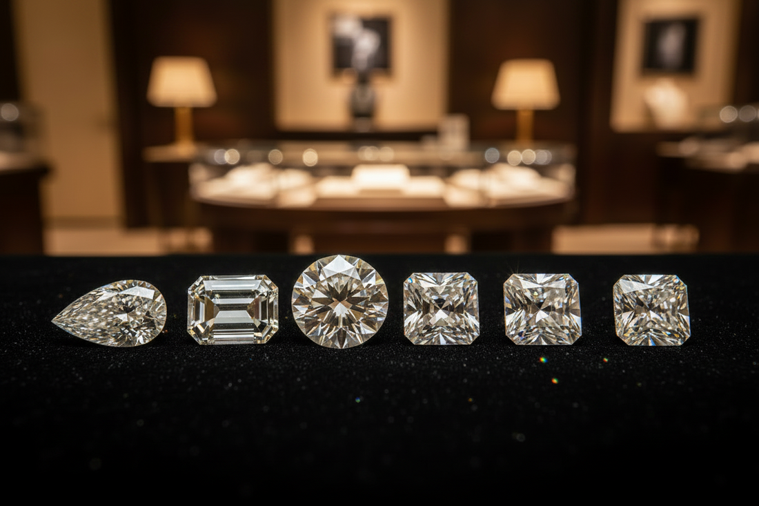 Shopping for diamonds during the week with loose natural diamonds in a luxury jewelry showroom.