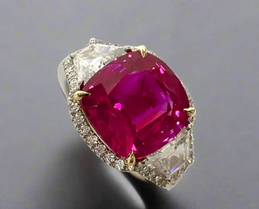 Beautiful, ruby ring featuring a cushion, cut Centerstone and trapezoid diamonds on the side