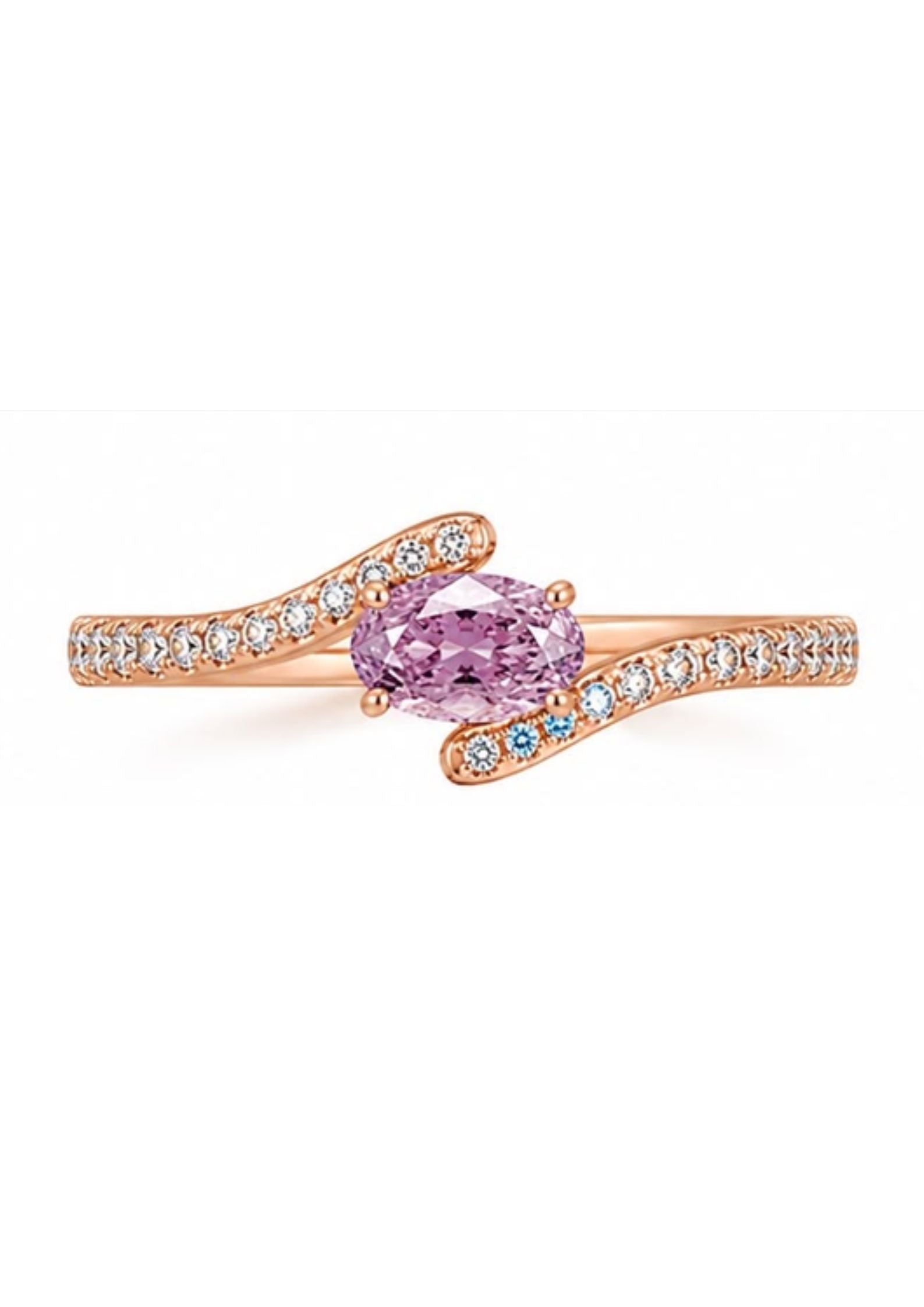 Front view of a 0.60 carat GIA certified Fancy Intense Pink Purple oval diamond bypass engagement ring with micro pavé white diamonds and blue diamond accents.