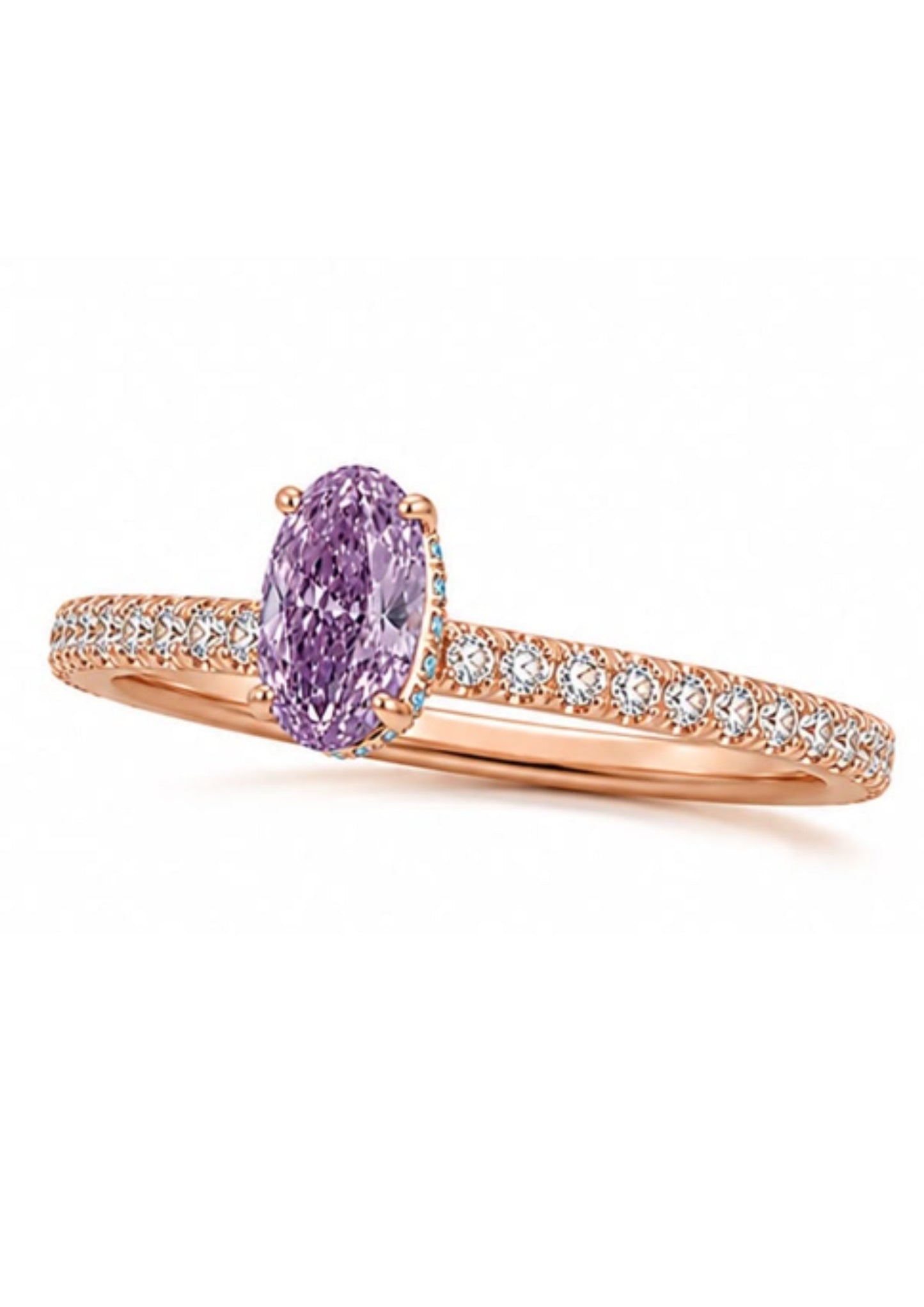Angled view of a rose gold hidden halo engagement ring featuring a natural Fancy Intense Pink Purple oval diamond.