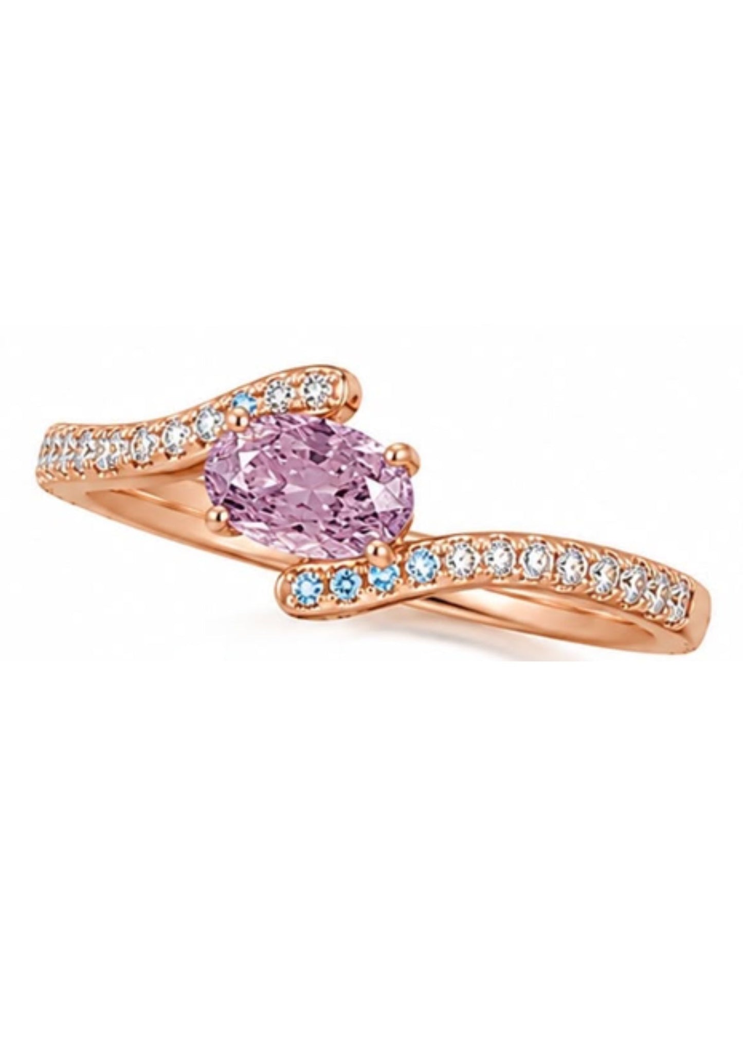 Angled view of a natural Fancy Intense Pink Purple oval diamond bypass engagement ring featuring a flowing micro pavé bypass shank with blue diamond accents.