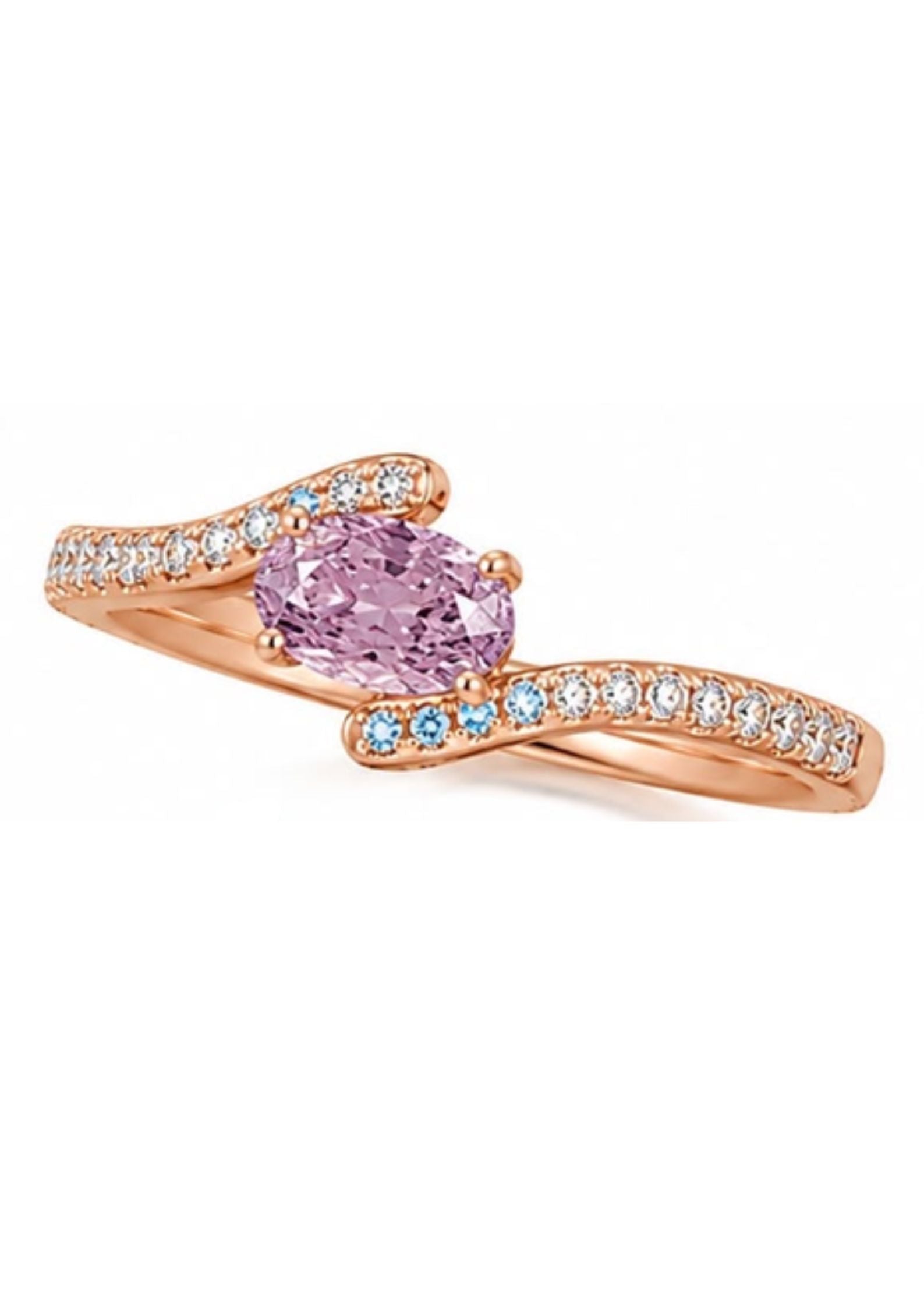 Angled view of a natural Fancy Intense Pink Purple oval diamond bypass engagement ring featuring a flowing micro pavé bypass shank with blue diamond accents.