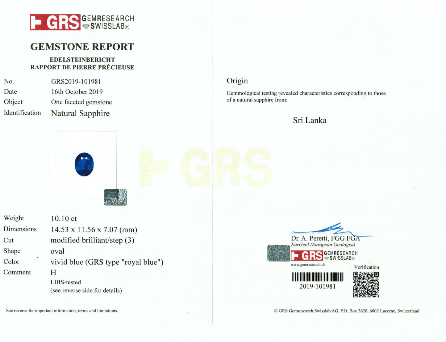 10.10 Carat Oval Cut Heat Royal Blue Sapphire Loose Gemstone GRS Report