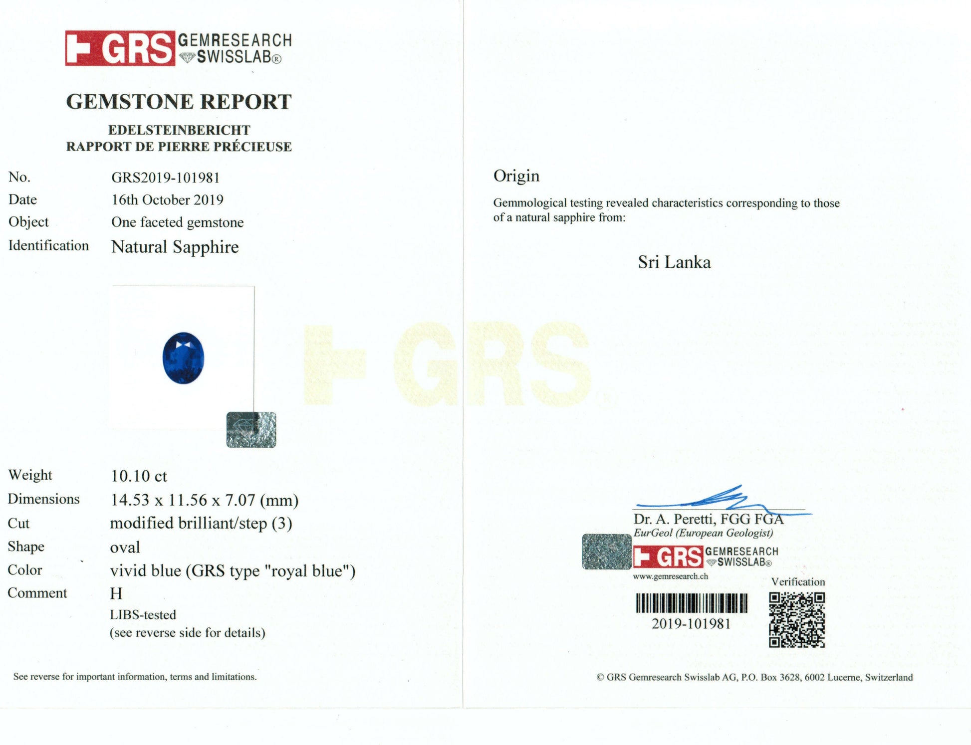 10.10 Carat Oval Cut Heat Royal Blue Sapphire Loose Gemstone GRS Report