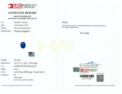 10.10 Carat Oval Cut Heat Royal Blue Sapphire Loose Gemstone GRS Report