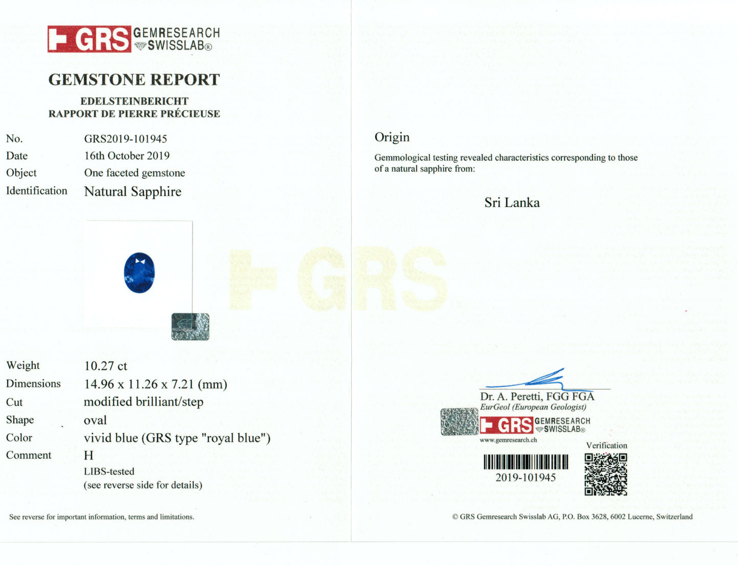 10.27 Carat Oval Cut Heat Royal Blue Sapphire Loose Gemstone GRS Certificate