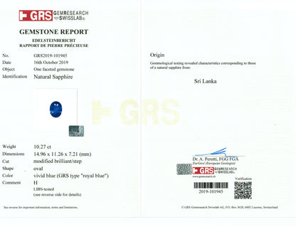 10.27 Carat Oval Cut Heat Royal Blue Sapphire Loose Gemstone GRS Certificate