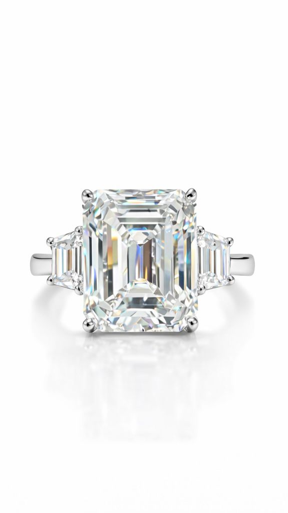 10.30 Emerald Cut Natural Diamond Three Stone Engagement Ring in Platinum Front