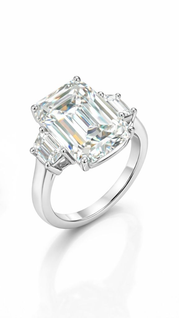 Diamond ring with emerald-cut center stone on a white background