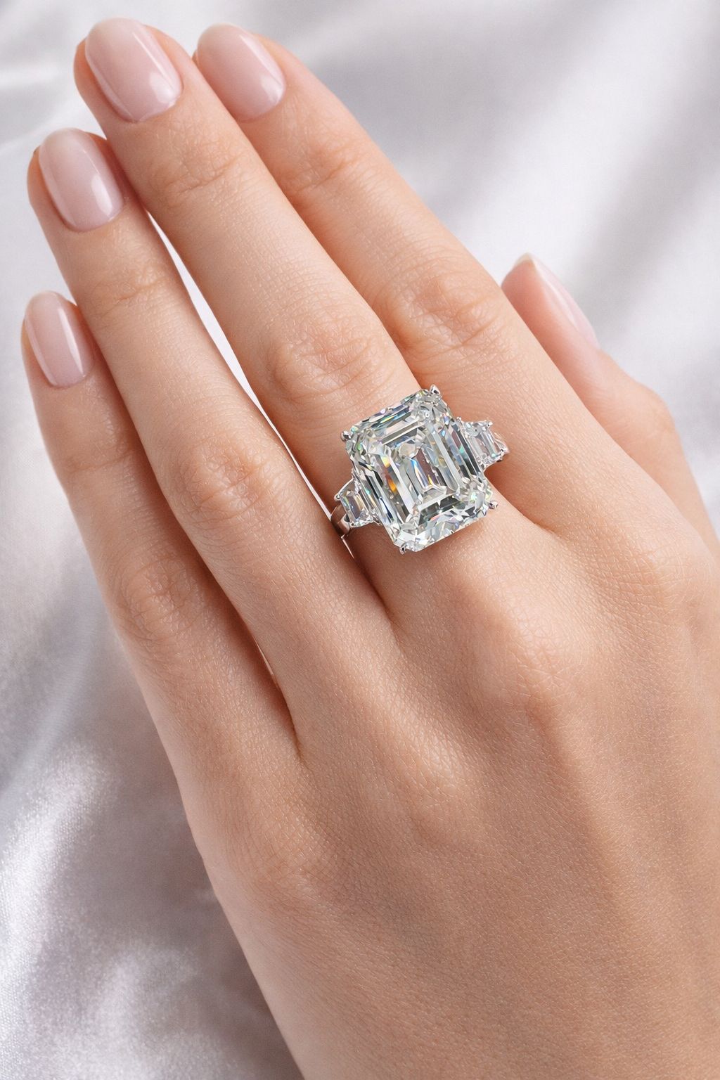 Diamond ring on a hand with a light background