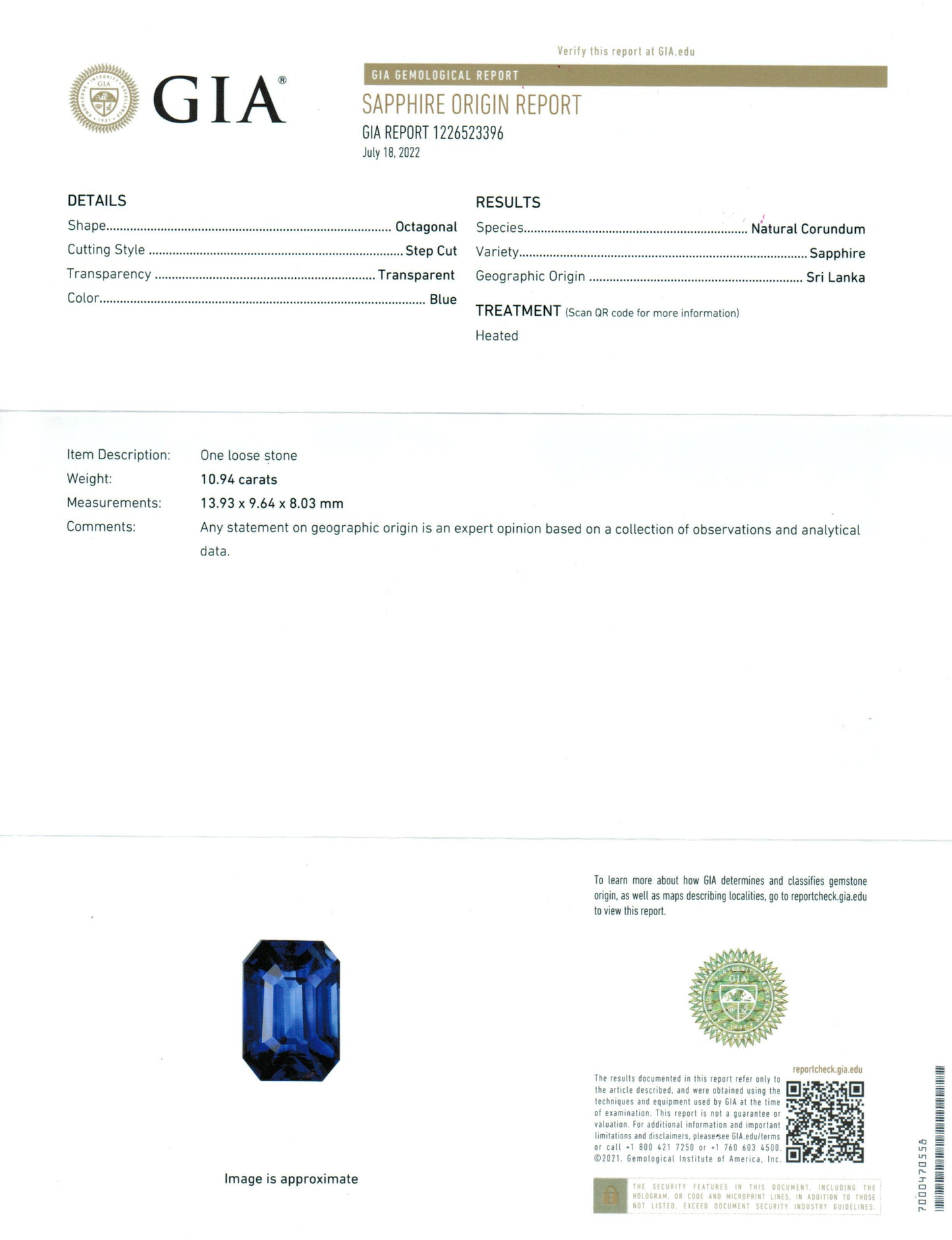 10.94 Carat Emerald Cut Heat Royal Blue Sapphire Loose Gemstone GIA Certified Certificate