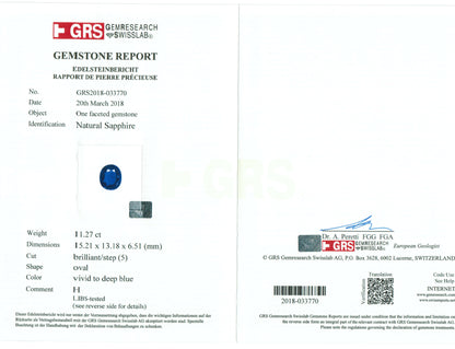 11.27 Carat Oval Cut Heat Royal Blue Sapphire Loose Gemstone GRS Certification