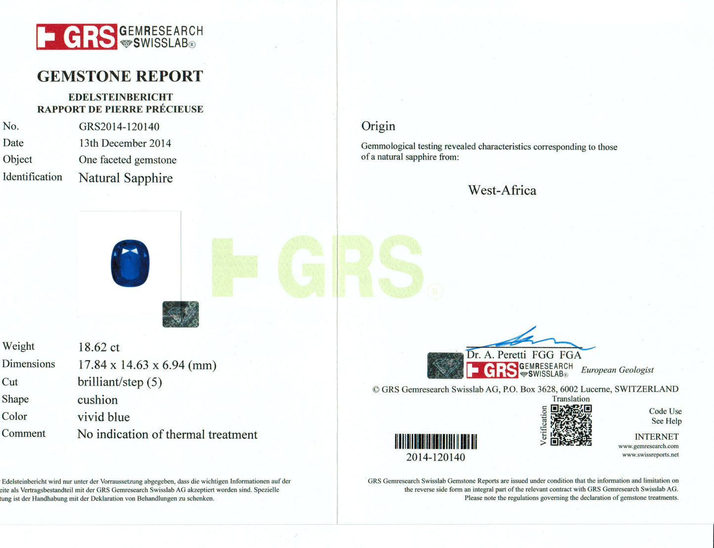 GRS gemstone report with GRS logo and text on a white background