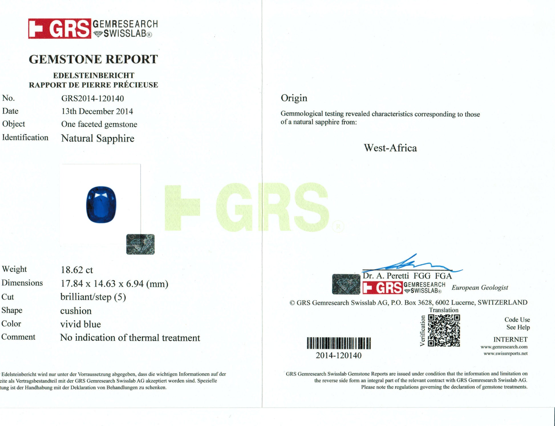 GRS gemstone report with GRS logo and text on a white background