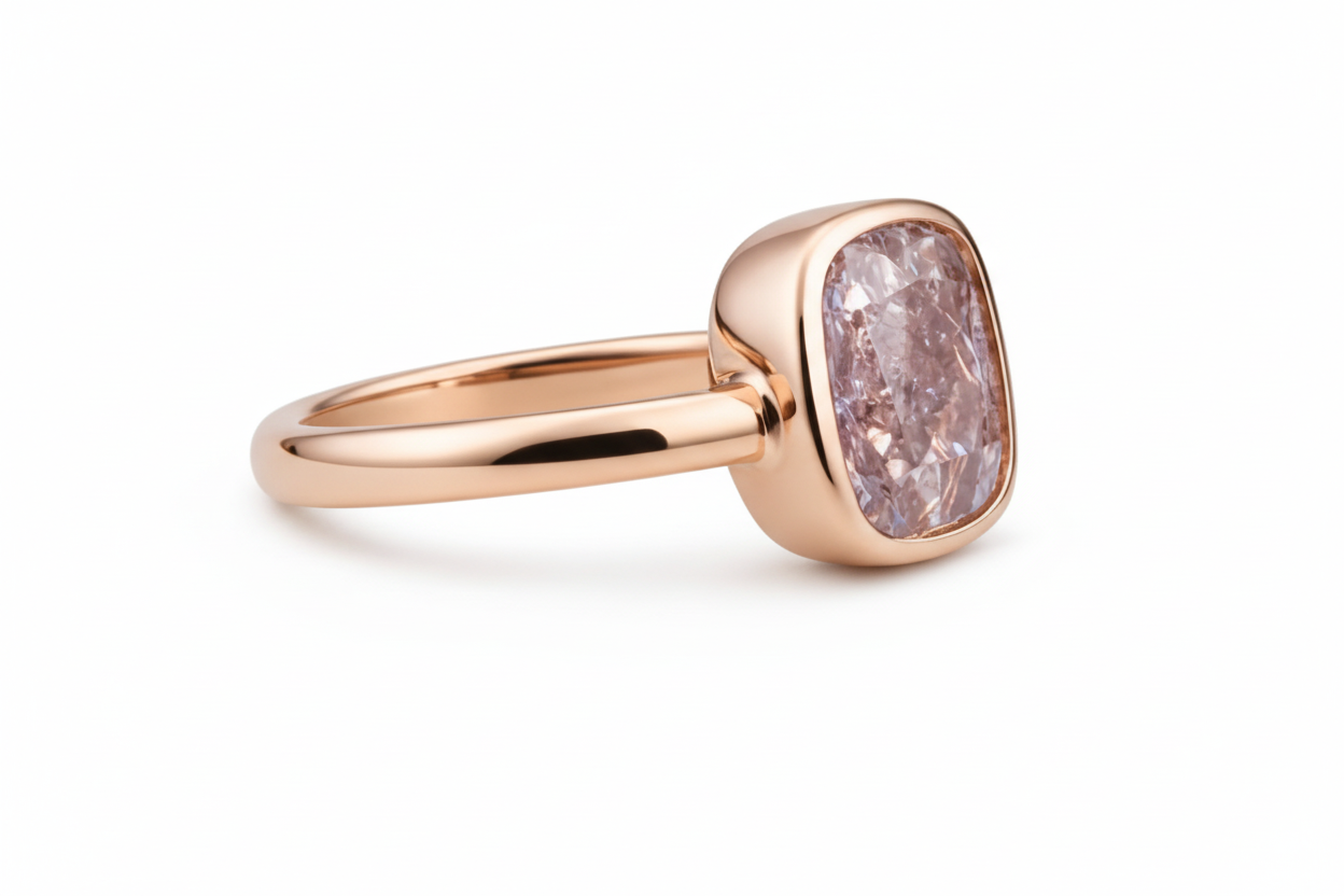 Rose gold ring with a pinkish-purple diamond on a white background