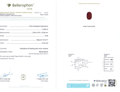2.05 Carats Oval Cut Heat Red Ruby Loose Gemstone Bellerophon Report