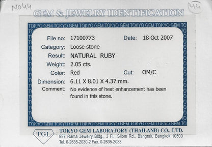2.05 Carats Oval Cut No Heat Red Ruby Loose Gemstone TGL