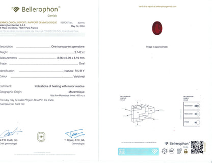 2.14 Carats Oval Cut Heat Vivid Red Ruby Loose Gemstone Bellerophon Certification