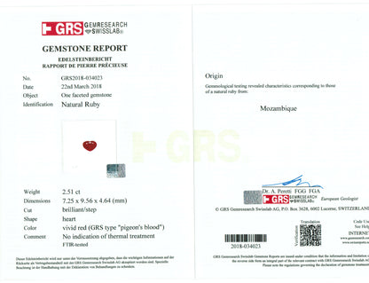 2.51 Carats Heart Cut No Heat Pigeon Blood Red Ruby Loose Gemstone GRS Certificate