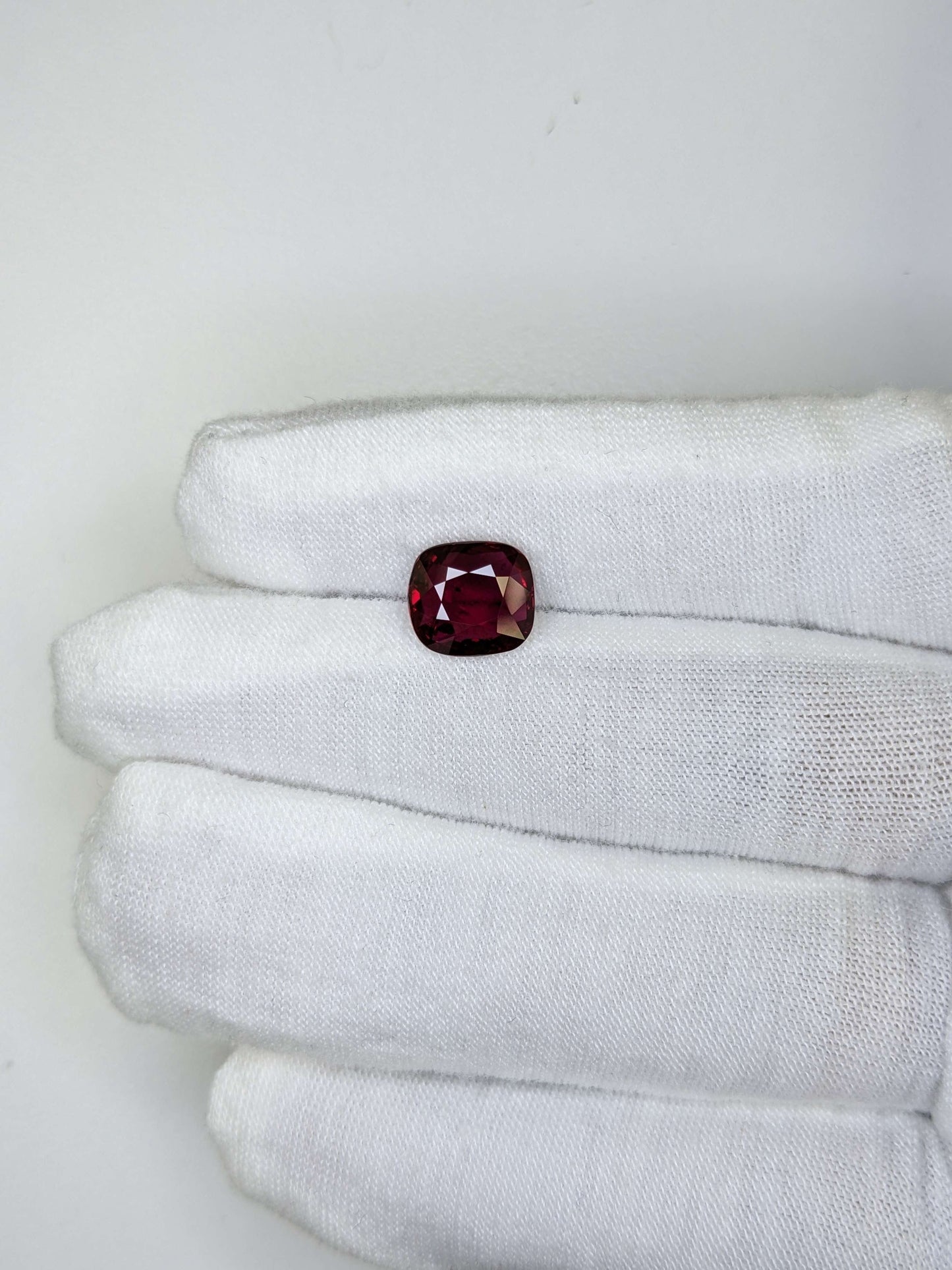 Red gemstone held in a white glove against a light background