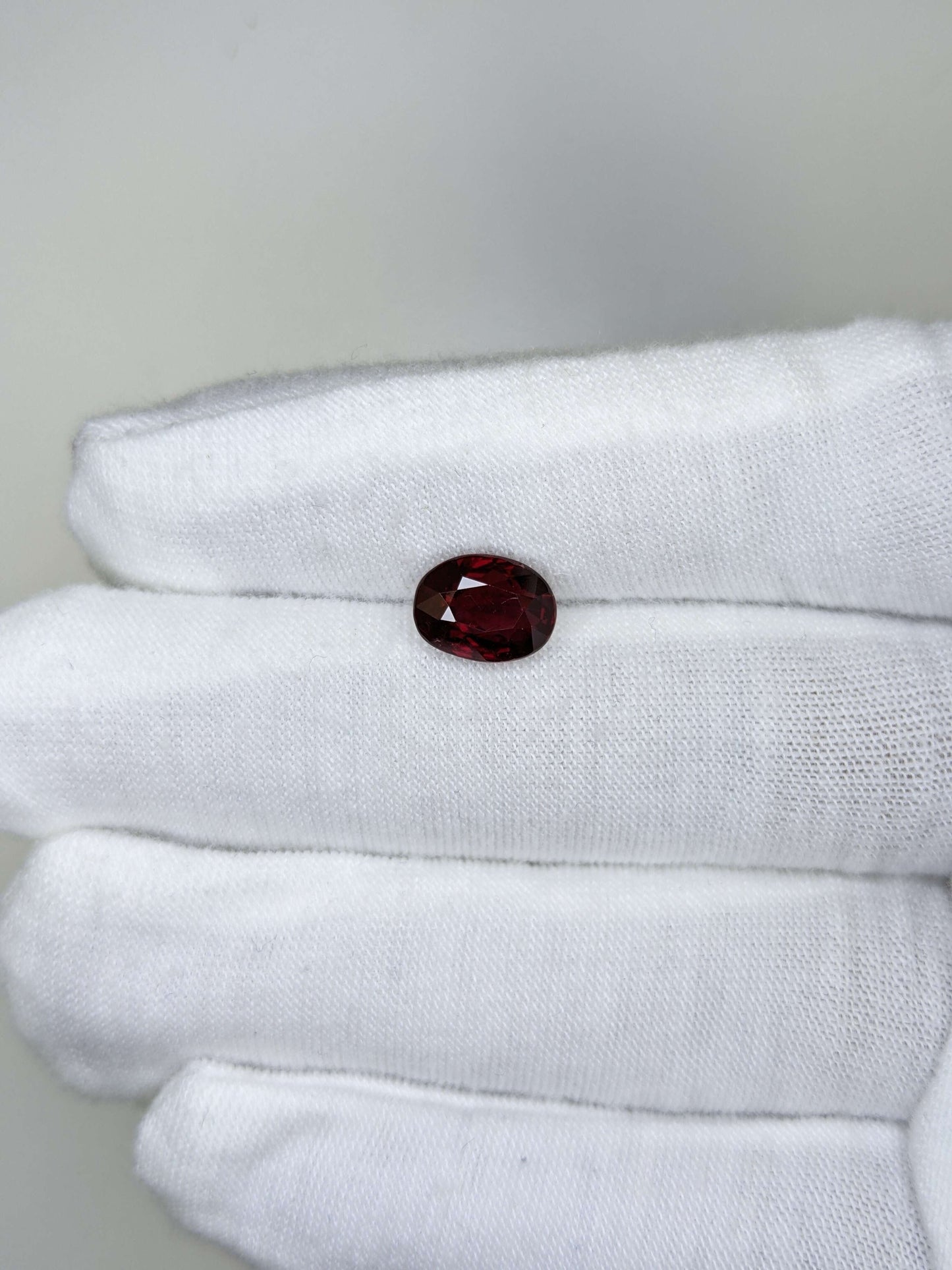 Ruby gemstone held between white gloves on a light gray background