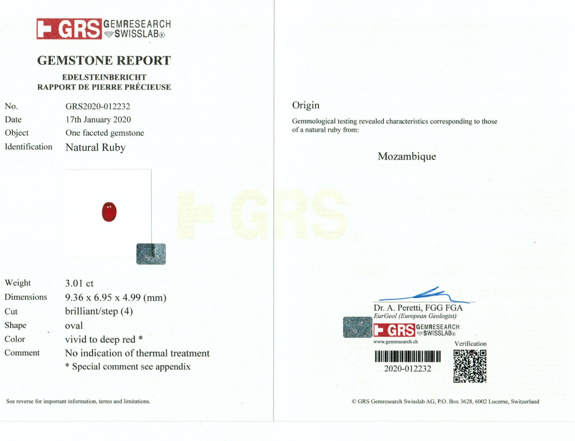 Gemstone report with GRS logo and text on a white background