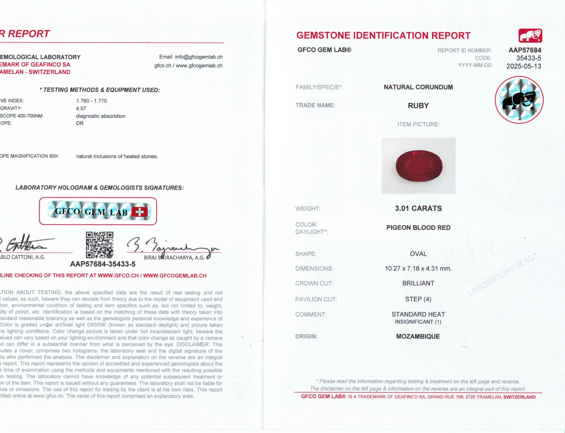 3.01 Carats Oval Cut Heat Pigeon Blood Red Ruby Loose Gemstone GFCO Certification