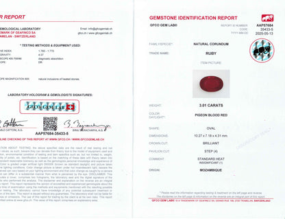 3.01 Carats Oval Cut Heat Pigeon Blood Red Ruby Loose Gemstone GFCO Certification