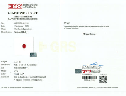 3.01 Carats Oval Cut No Heat Pigeon Blood Red Ruby Loose Gemstone GRS Certificate