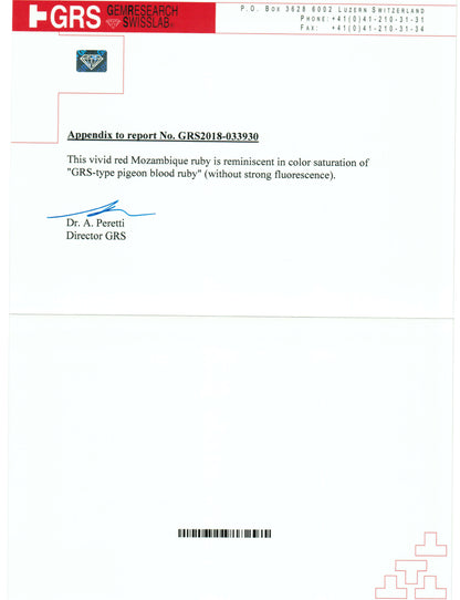 Document with GRS logo and text about a vivid red Mozambique ruby